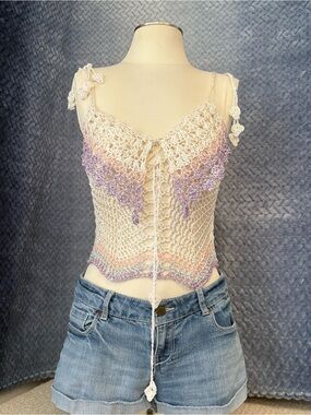 Handmade Crochet Women Top - Cream and Purple